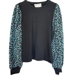 THML Puff Sleeve Sweater Black & Animal Print Mix Media Sweatshirt Small